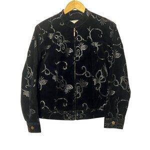 Bamboo Traders PM Black Sequin Burnout Velvet Floral Zip-Up Jacket Preppy Goth